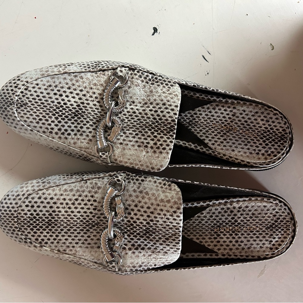 Tory Burch Jessa Backless Snake Print Loafers with Silver Chain